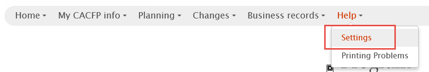 Settings menu